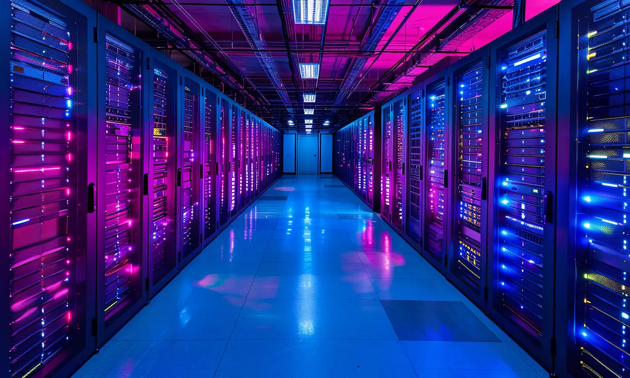 Dark data center corridor with blue and purple lighting