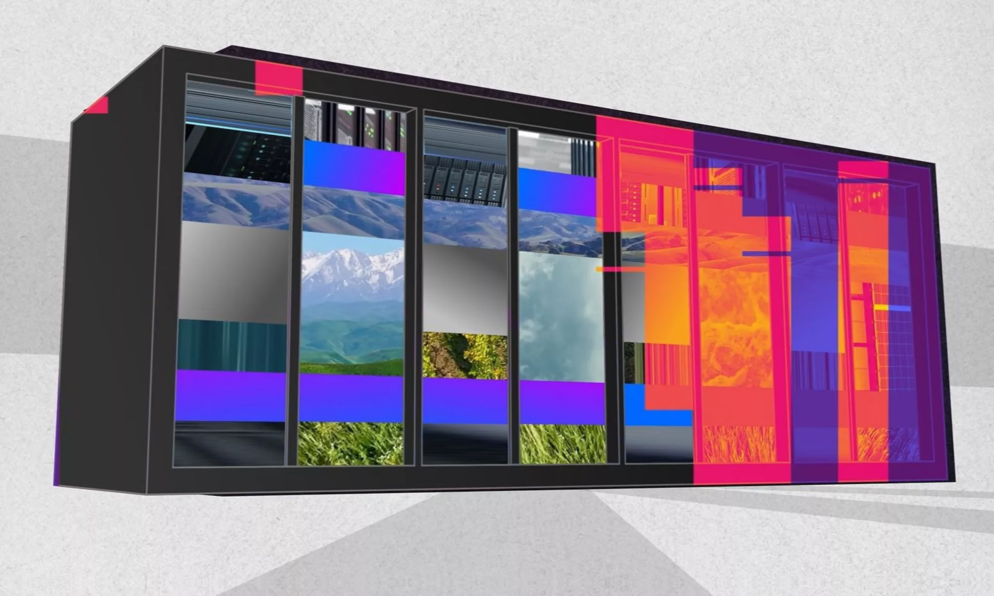 Rendering of data center racks with natures sceneries displayed within them