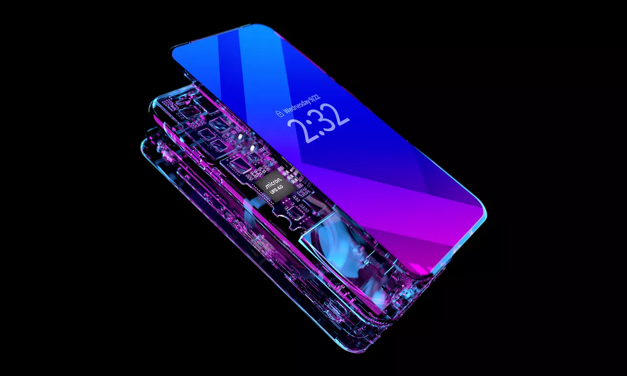 Rendering of a phone with removed front and back panels with internal components showing