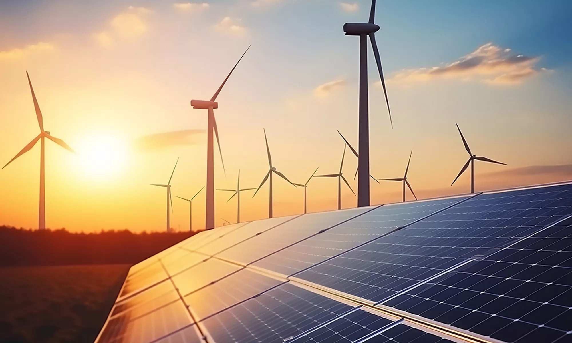 Solar panels with windmills and sunset in the background